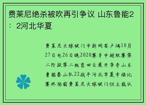 费莱尼绝杀被吹再引争议 山东鲁能2:2河北华夏
